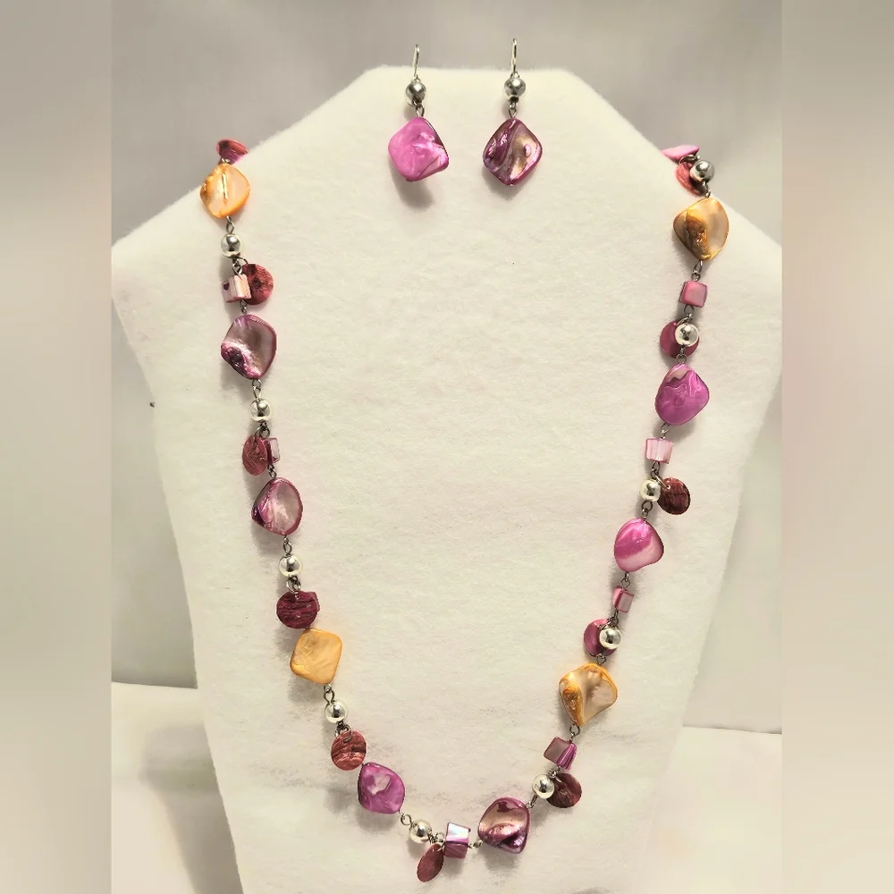 Pink and Orange Cha-Cha Beaded Necklace and Earrings Set, Mother of Pearl Shell